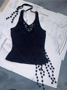 Black Beaded Halter Camisole with Tassel Detail